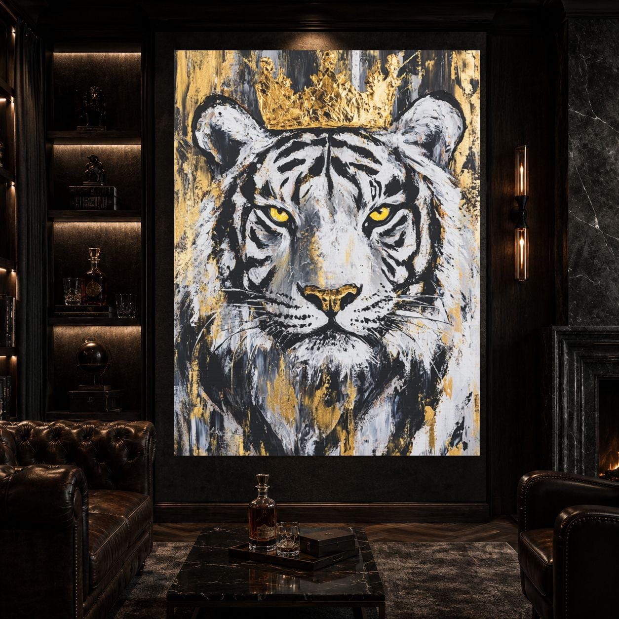White Tiger Wall Art, Crowned Animal Portrait, Black Gold Luxury Decor, Masculine Office Statement Piece — Poster wall art