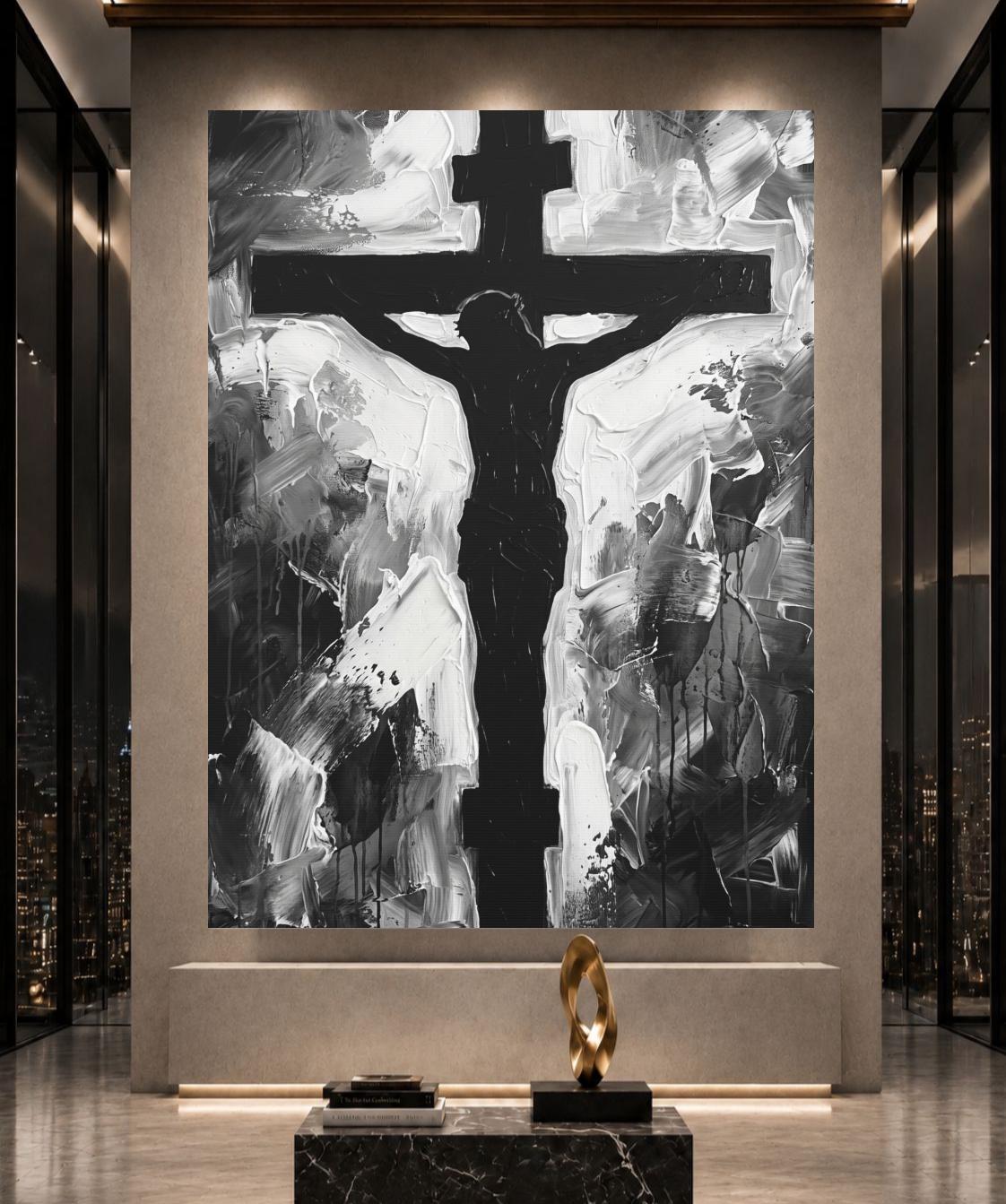 Jesus Cross Wall Art, Black and White Christian Painting, Modern Religious Decor, Faith Statement Piece — Framed Print wall