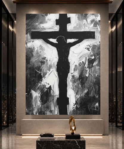 Jesus Cross Wall Art, Black and White Christian Painting, Modern Religious Decor, Faith Statement Piece — Framed Print wall