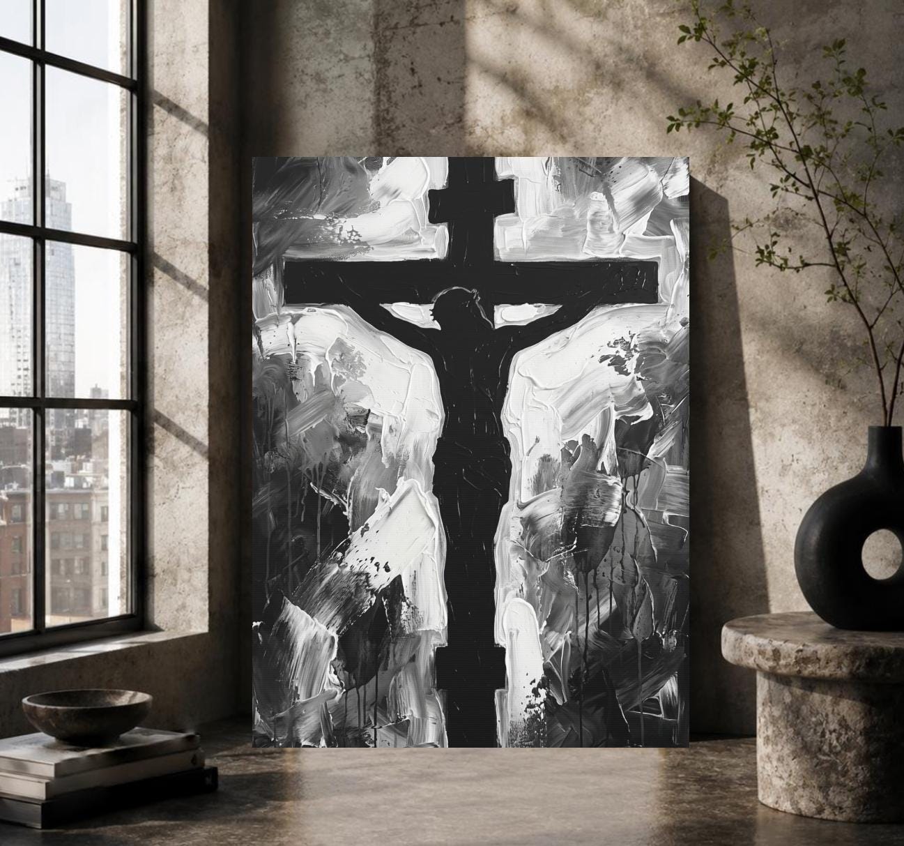 Jesus Cross Wall Art, Black and White Christian Painting, Modern Religious Decor, Faith Statement Piece — Framed Print wall