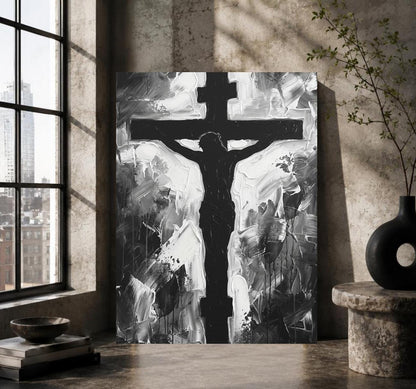 Jesus Cross Wall Art, Black and White Christian Painting, Modern Religious Decor, Faith Statement Piece — Framed Print wall