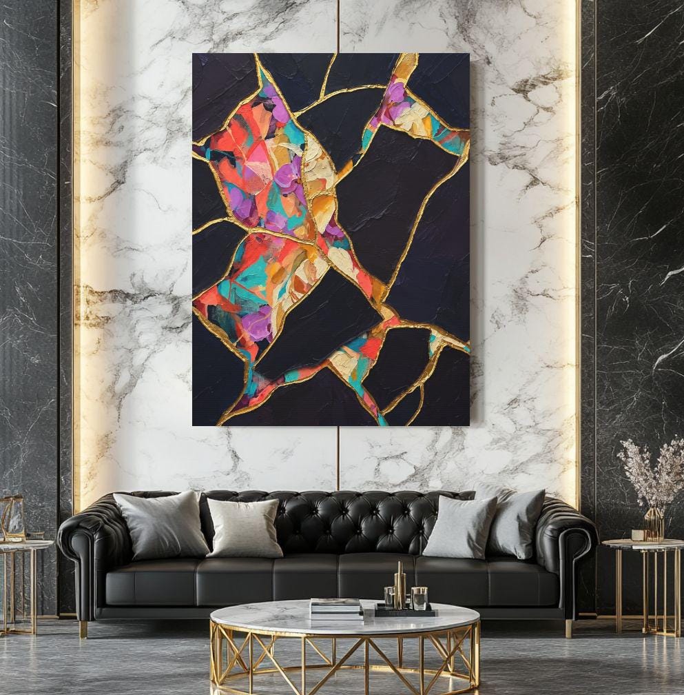 Kintsugi Wall Art, Black Gold Abstract Painting, Colorful Modern Decor, Luxury Statement Piece — Framed Print wall art