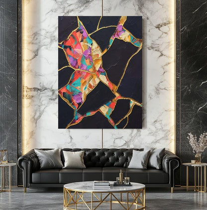 Kintsugi Wall Art, Black Gold Abstract Painting, Colorful Modern Decor, Luxury Statement Piece — Framed Print wall art