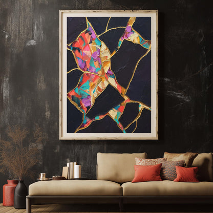 Kintsugi Wall Art, Black Gold Abstract Painting, Colorful Modern Decor, Luxury Statement Piece — Framed Print wall art