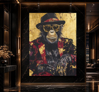 Chimpanzee Wall Art, Luxury Monkey Portrait, Black Gold Statement Piece, Masculine Office Decor — Framed Print wall art