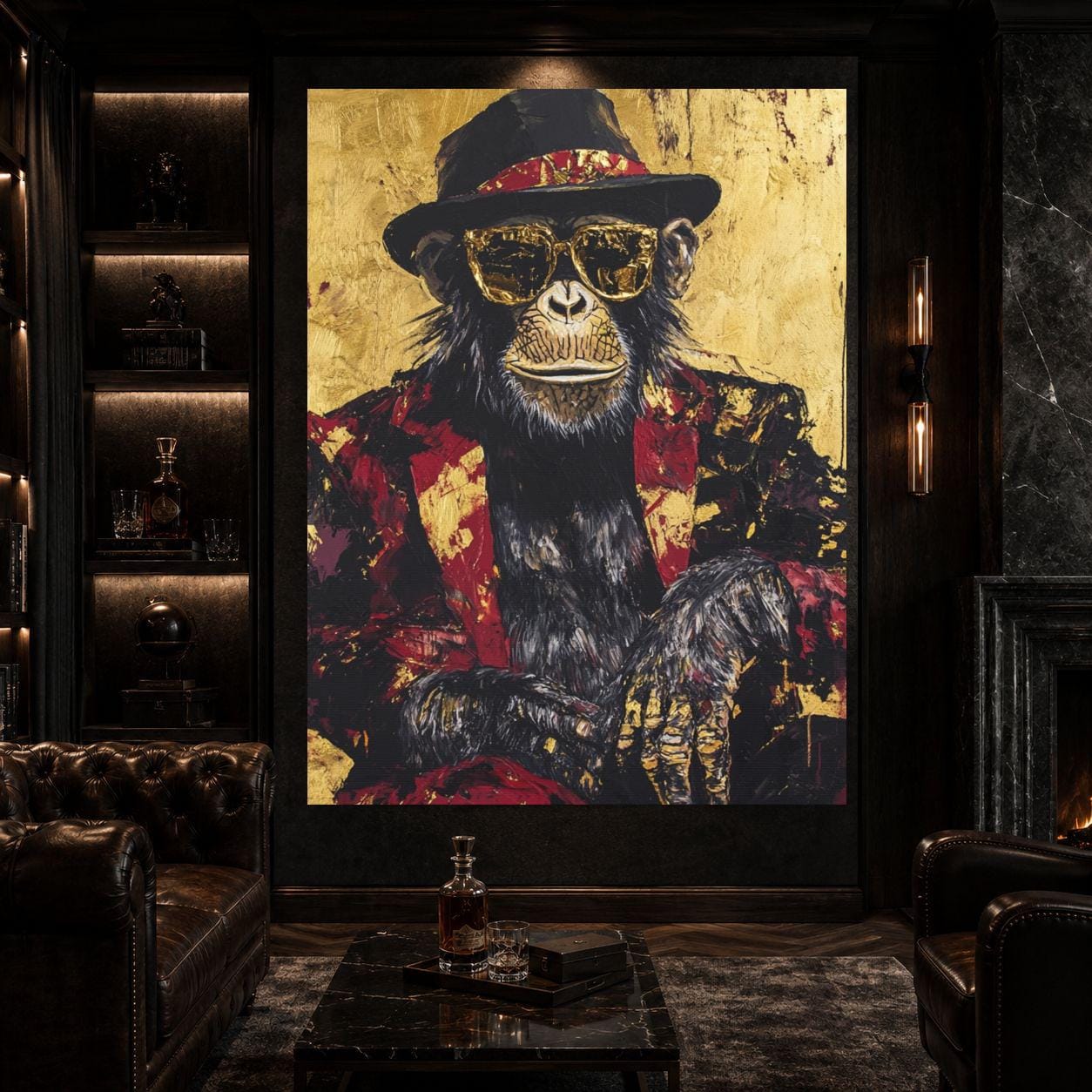 Chimpanzee Wall Art, Luxury Monkey Portrait, Black Gold Statement Piece, Masculine Office Decor — Framed Print wall art