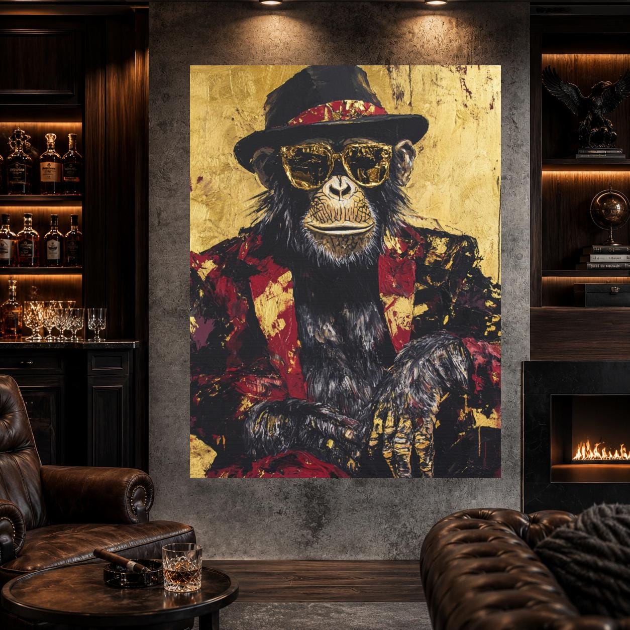 Chimpanzee Wall Art, Luxury Monkey Portrait, Black Gold Statement Piece, Masculine Office Decor — Framed Print wall art