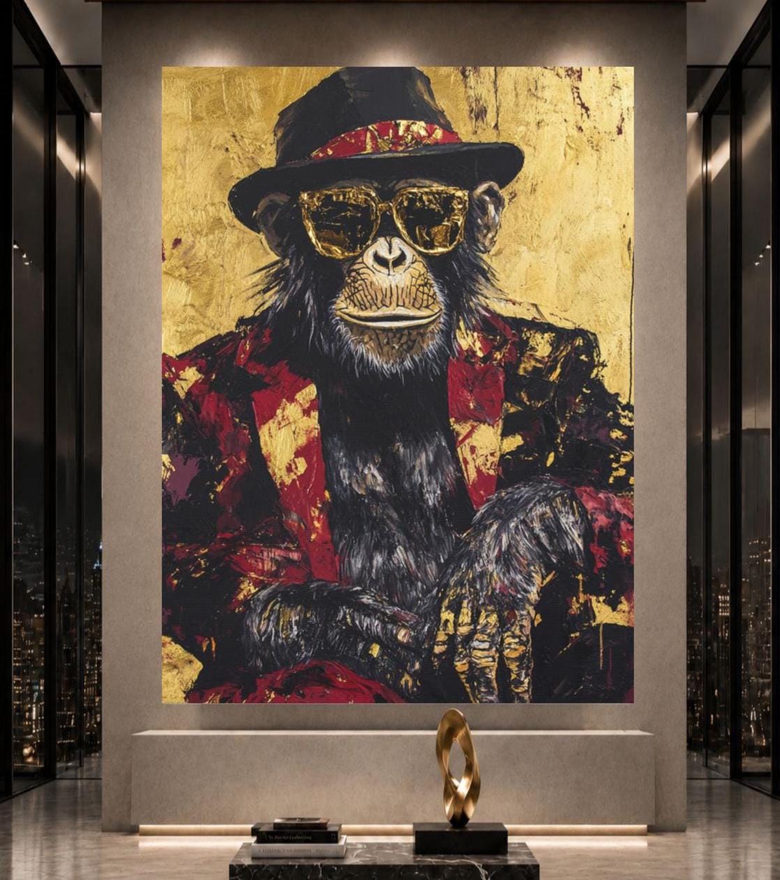 Chimpanzee Wall Art, Luxury Monkey Portrait, Black Gold Statement Piece, Masculine Office Decor — Poster wall art