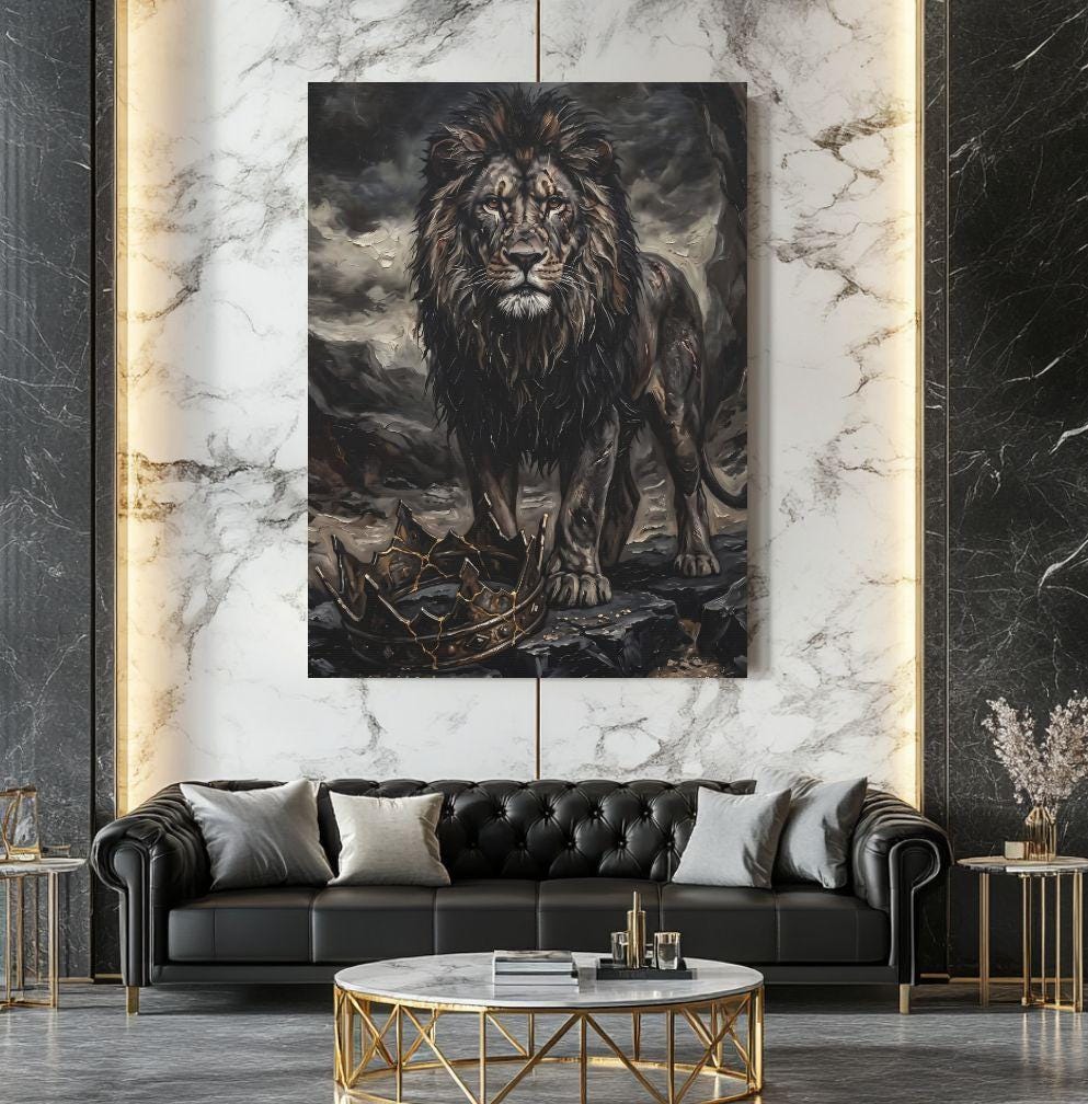 Lion Wall Art, Dark Lion Painting, Broken Crown Artwork, Masculine Office Statement Decor — Framed Print wall art