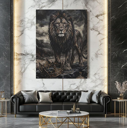 Lion Wall Art, Dark Lion Painting, Broken Crown Artwork, Masculine Office Statement Decor — Framed Print wall art
