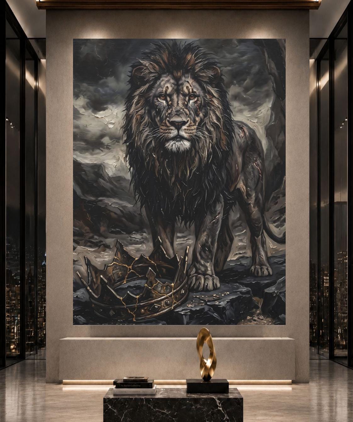 Lion Wall Art, Dark Lion Painting, Broken Crown Artwork, Masculine Office Statement Decor — Framed Print wall art