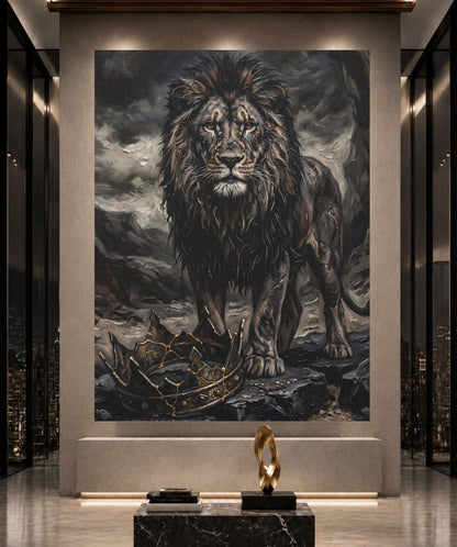 Lion Wall Art, Dark Lion Painting, Broken Crown Artwork, Masculine Office Statement Decor — Framed Print wall art