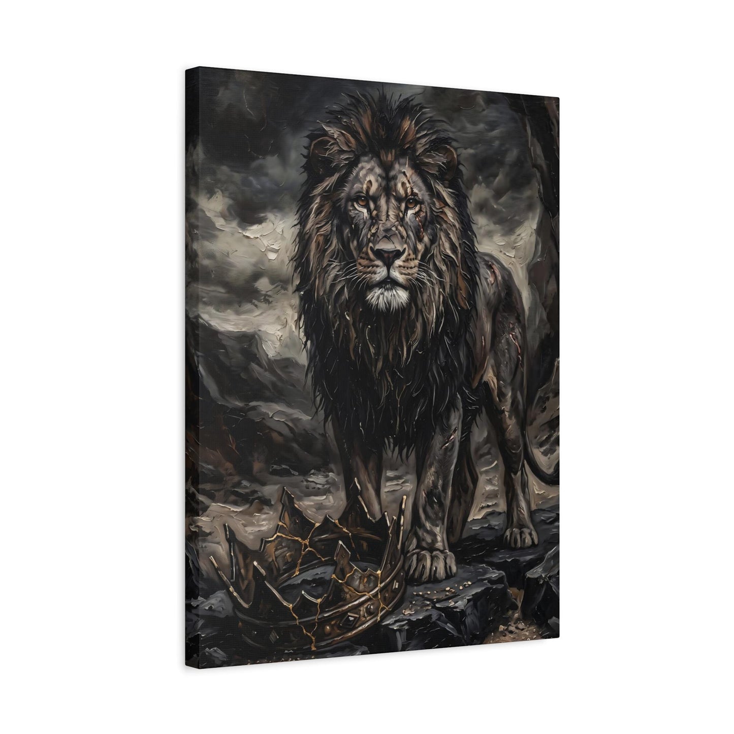Lion Wall Art, Dark Lion Painting, Broken Crown Artwork, Masculine Office Statement Decor — Canvas wall art