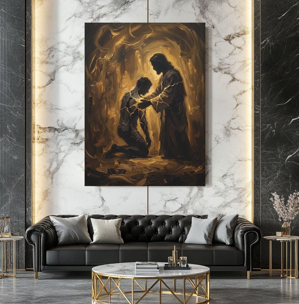 Jesus Healing Wall Art, Kintsugi Christian Art, Restored by Grace Decor, Modern Faith Statement Piece — Framed Print wall art