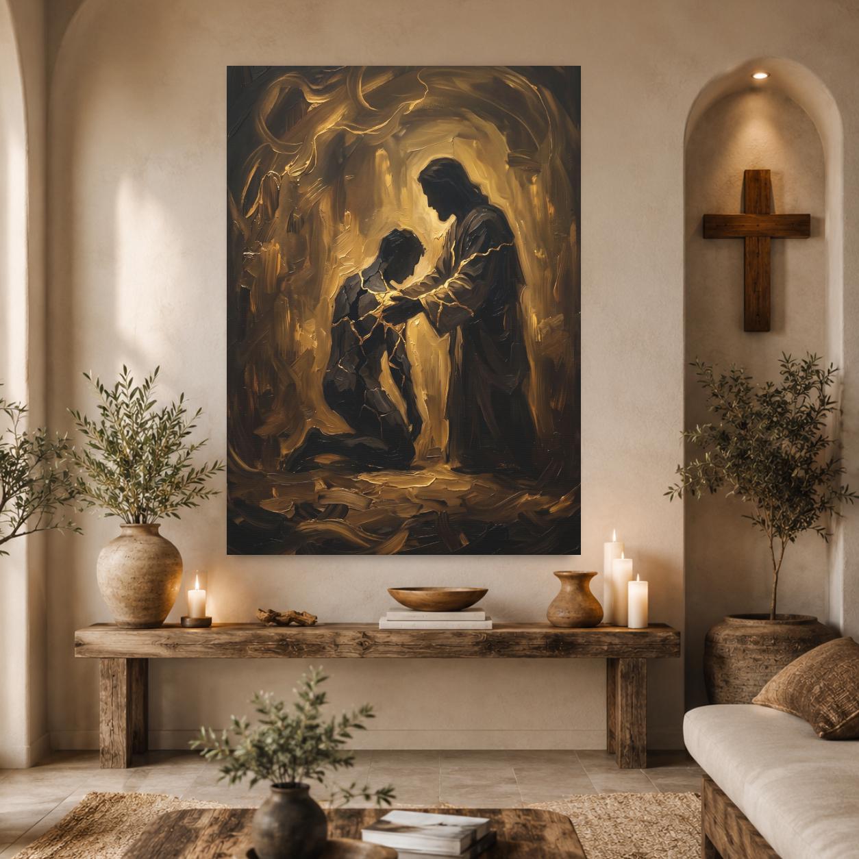 Jesus Healing Wall Art, Kintsugi Christian Art, Restored by Grace Decor, Modern Faith Statement Piece — Framed Print wall art