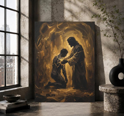 Jesus Healing Wall Art, Kintsugi Christian Art, Restored by Grace Decor, Modern Faith Statement Piece — Framed Print wall art