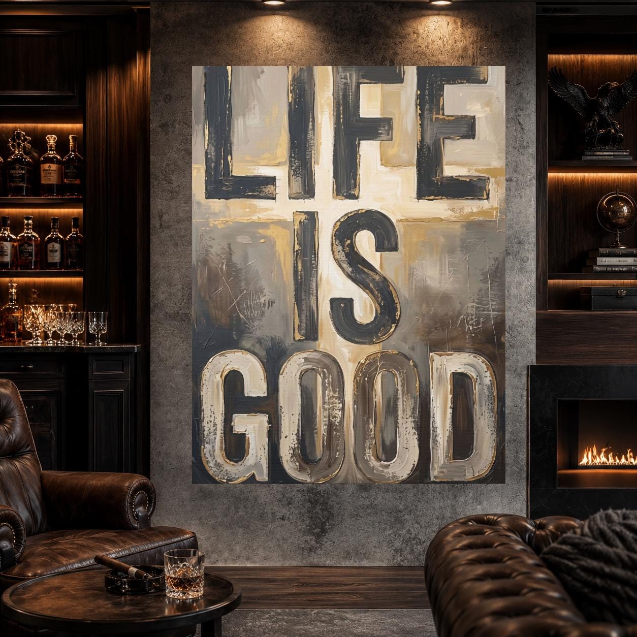 Life Is Good Wall Art, Motivational Quote Painting, Neutral Abstract Decor, Masculine Office Statement Piece — Poster wall