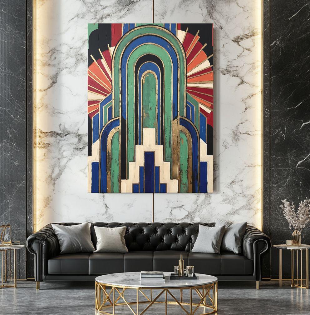 Art Deco Wall Art, Geometric Abstract Painting, Colorful Modern Decor, Bold Statement Piece — Framed Print wall art