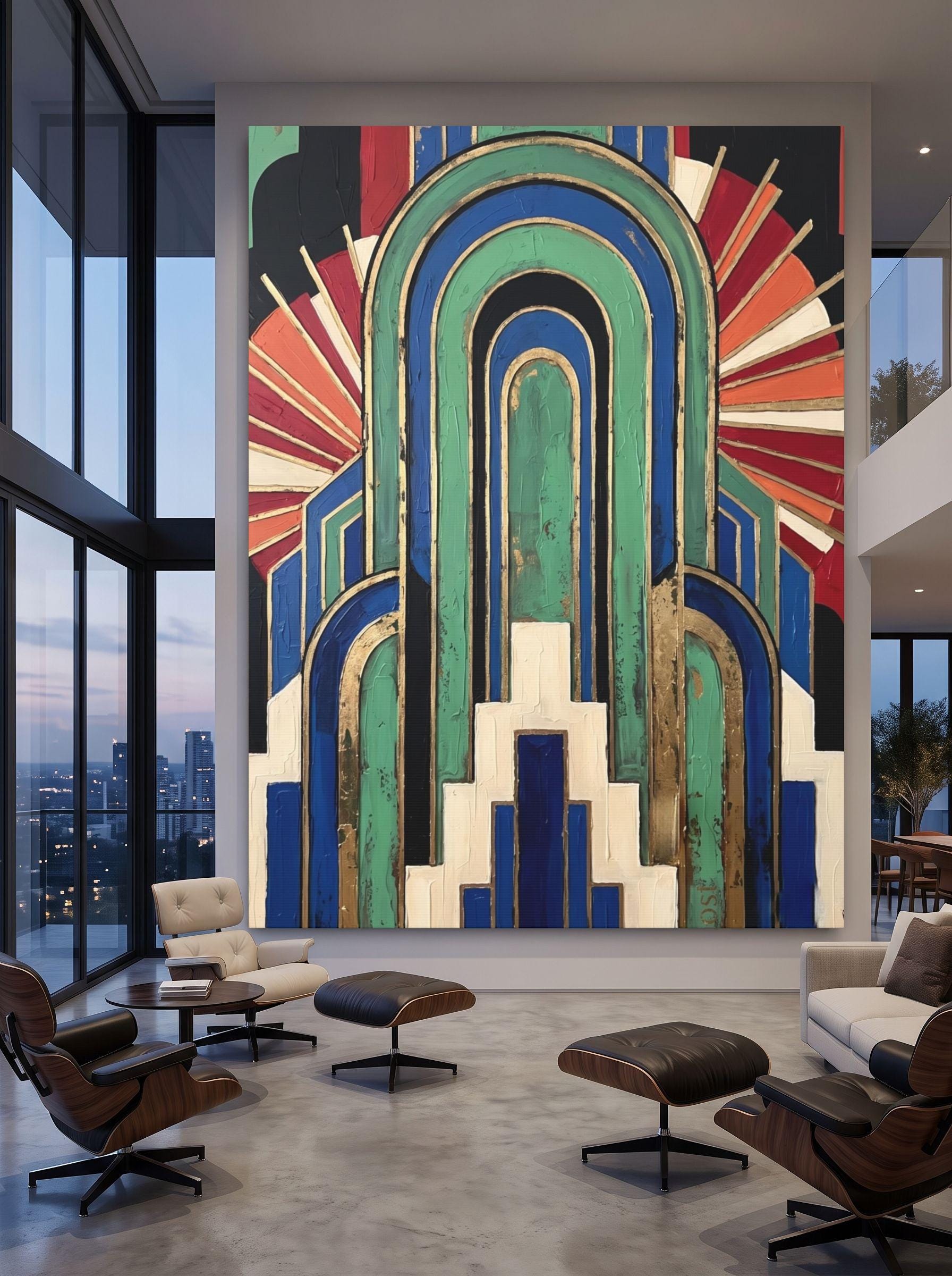 Art Deco Wall Art, Geometric Abstract Painting, Colorful Modern Decor, Bold Statement Piece — Framed Print wall art