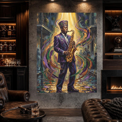 Jazz Wall Art, Black Saxophone Player Portrait, New Orleans Music Decor, Mardi Gras Statement Piece — Framed Print wall art