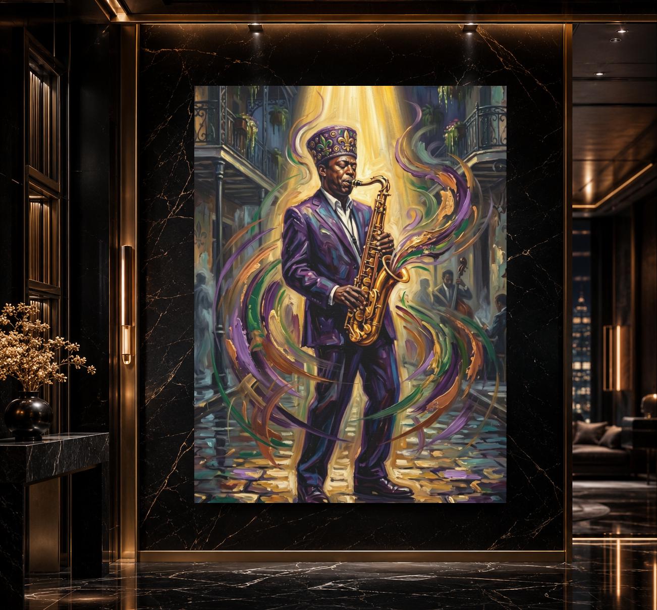 Jazz Wall Art, Black Saxophone Player Portrait, New Orleans Music Decor, Mardi Gras Statement Piece — Poster wall art