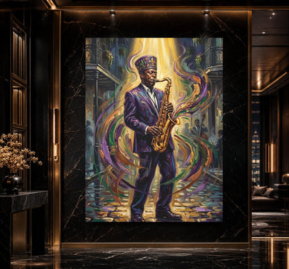 Jazz Wall Art, Black Saxophone Player Portrait, New Orleans Music Decor, Mardi Gras Statement Piece — Poster wall art